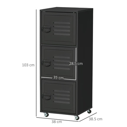 3-Tier Rolling Mobile File Cabinet with Metal Doors and Wheels for Home Office - Black
