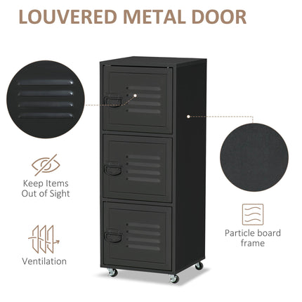 3-Tier Rolling Mobile File Cabinet with Metal Doors and Wheels for Home Office - Black