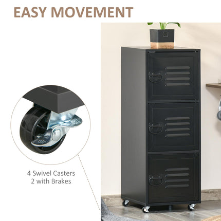 3-Tier Rolling Mobile File Cabinet with Metal Doors and Wheels for Home Office - Black