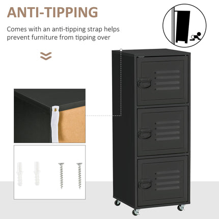 3-Tier Rolling Mobile File Cabinet with Metal Doors and Wheels for Home Office - Black