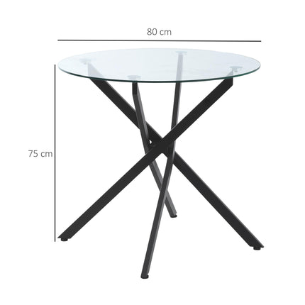 Round Side Table with Clear Tempered Glass Top and Metal Legs 80x75cm - Black