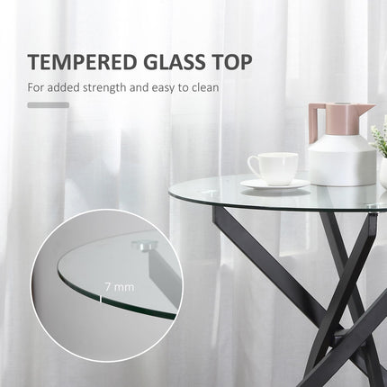 Round Side Table with Clear Tempered Glass Top and Metal Legs 80x75cm - Black