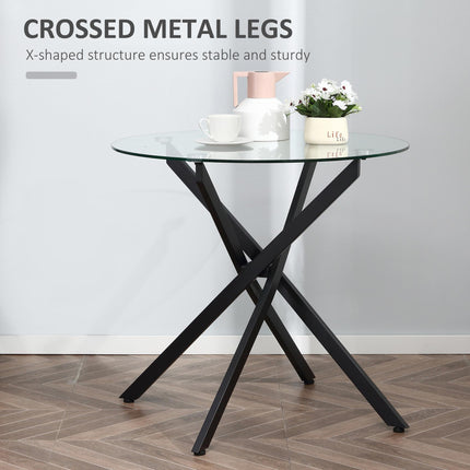 Round Side Table with Clear Tempered Glass Top and Metal Legs 80x75cm - Black