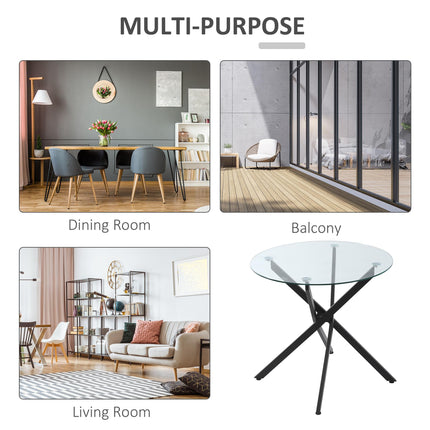 Round Side Table with Clear Tempered Glass Top and Metal Legs 80x75cm - Black