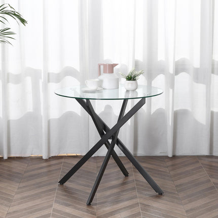 Round Side Table with Clear Tempered Glass Top and Metal Legs 80x75cm - Black