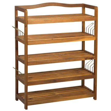 5-Tier Shoe Rack, Acacia Wooden Shoe Storage Organiser with Hangers, Holds up to