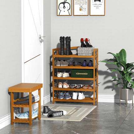 5-Tier Shoe Rack, Acacia Wooden Shoe Storage Organiser with Hangers, Holds up to