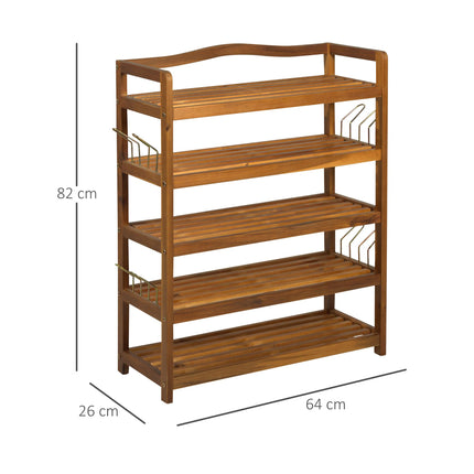 5-Tier Shoe Rack, Acacia Wooden Shoe Storage Organiser with Hangers, Holds up to