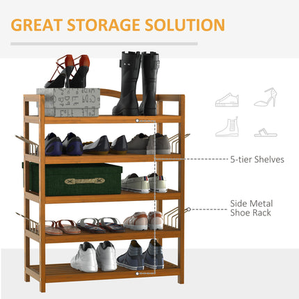 5-Tier Shoe Rack, Acacia Wooden Shoe Storage Organiser with Hangers, Holds up to