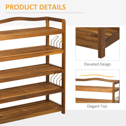 5-Tier Shoe Rack, Acacia Wooden Shoe Storage Organiser with Hangers, Holds up to
