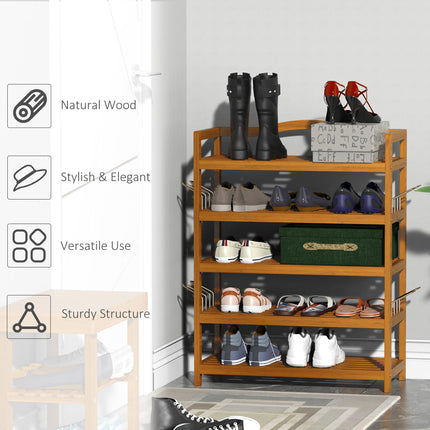 5-Tier Shoe Rack, Acacia Wooden Shoe Storage Organiser with Hangers, Holds up to