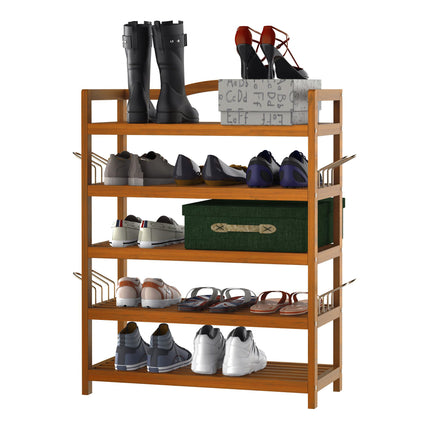5-Tier Shoe Rack, Acacia Wooden Shoe Storage Organiser with Hangers, Holds up to