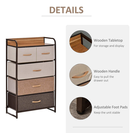 5-Drawer Dresser Tower 3-Tier Storage Organizer with Steel Frame and Wooden Top - Multi-coloured