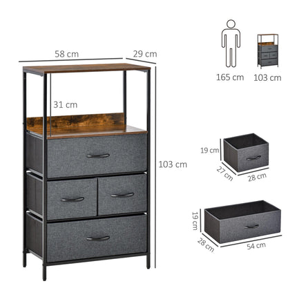 Storage Chest with 4 Fabric Drawers Bedroom and Living Room Cabinet - Black