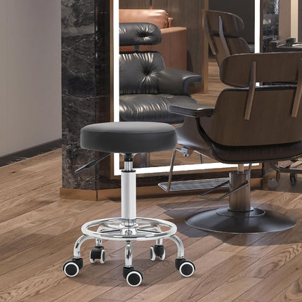 Height Adjustable PU Leather Swivel Salon Stool with Footrest - Black