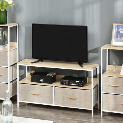 TV Console Unit with 2 Foldable Linen Drawers and Shelving for TVs up to 47" - Maple Wood Effect