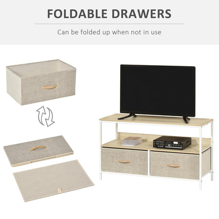 TV Console Unit with 2 Foldable Linen Drawers and Shelving for TVs up to 47" - Maple Wood Effect