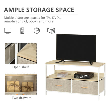 TV Console Unit with 2 Foldable Linen Drawers and Shelving for TVs up to 47" - Maple Wood Effect