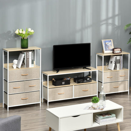 TV Console Unit with 2 Foldable Linen Drawers and Shelving for TVs up to 47" - Maple Wood Effect