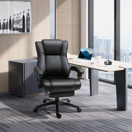 Executive High Back Swivel Recliner Office Chair with Footrest, Adjustable Height, Wheels - Black