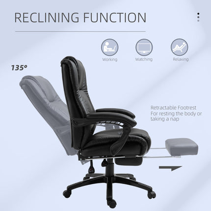 Executive High Back Swivel Recliner Office Chair with Footrest, Adjustable Height, Wheels - Black