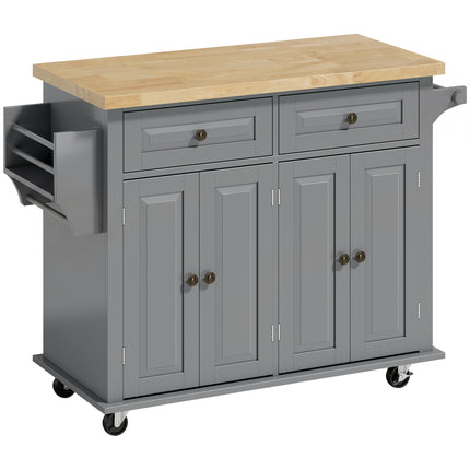 Rolling Kitchen Island Storage Trolley with Rubberwood Top & Drawers - Grey