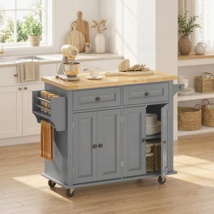 Rolling Kitchen Island Storage Trolley with Rubberwood Top & Drawers - Grey