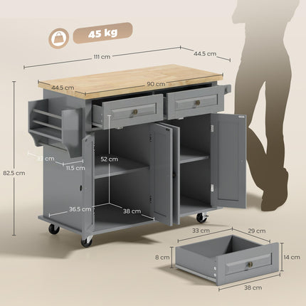 Rolling Kitchen Island Storage Trolley with Rubberwood Top & Drawers - Grey