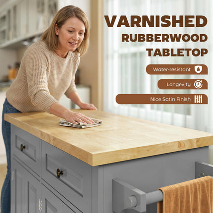 Rolling Kitchen Island Storage Trolley with Rubberwood Top & Drawers - Grey