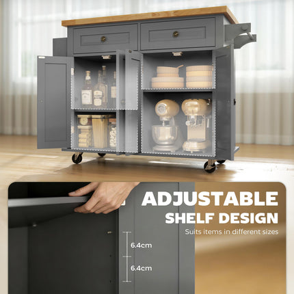 Rolling Kitchen Island Storage Trolley with Rubberwood Top & Drawers - Grey