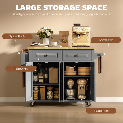 Rolling Kitchen Island Storage Trolley with Rubberwood Top & Drawers - Grey