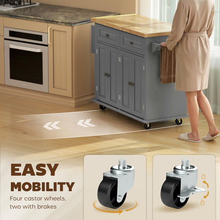 Rolling Kitchen Island Storage Trolley with Rubberwood Top & Drawers - Grey