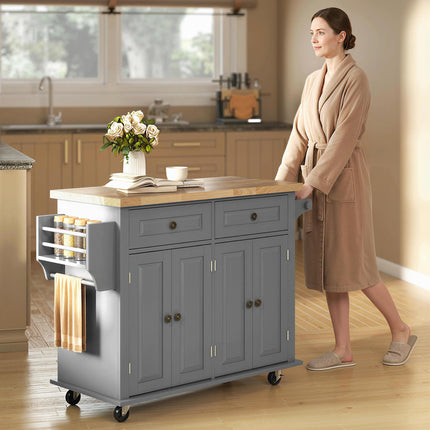Rolling Kitchen Island Storage Trolley with Rubberwood Top & Drawers - Grey