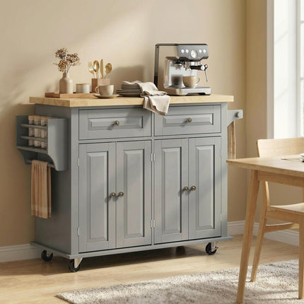 Rolling Kitchen Island Storage Trolley with Rubberwood Top & Drawers - Grey