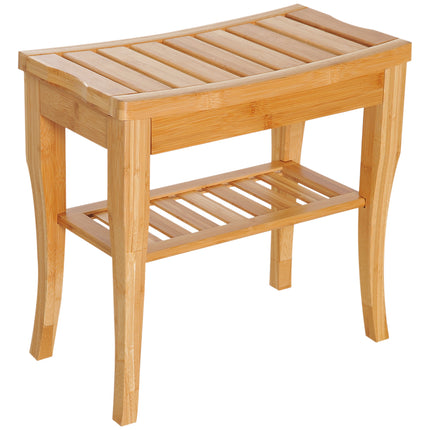 45cm 2-Tier Slatted Shower Bench Storage Seat w/ 4 Legs Comfortable Safe Bathroo