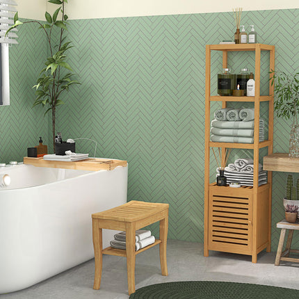 45cm 2-Tier Slatted Shower Bench Storage Seat w/ 4 Legs Comfortable Safe Bathroo