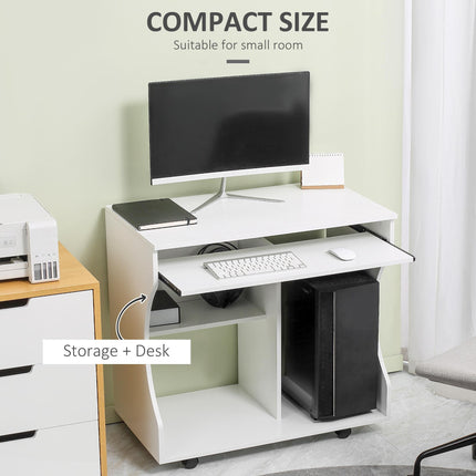 Multi-Storage Compact Work Desk with Wheels - White