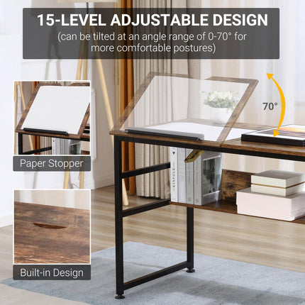 Adjustable Drafting and Art Desk with 15-Level Tabletop, Multifunctional Drawing and Craft Workstation - Rustic Brown Black