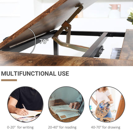 Adjustable Drafting and Art Desk with 15-Level Tabletop, Multifunctional Drawing and Craft Workstation - Rustic Brown Black