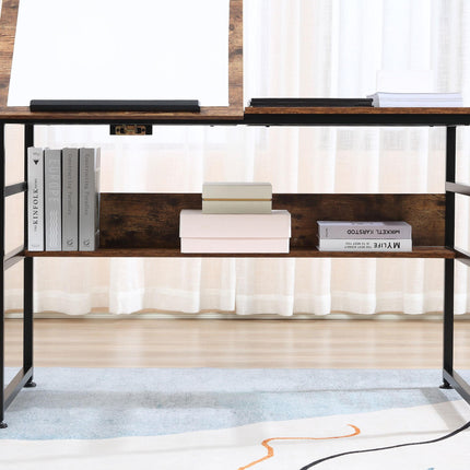 Adjustable Drafting and Art Desk with 15-Level Tabletop, Multifunctional Drawing and Craft Workstation - Rustic Brown Black
