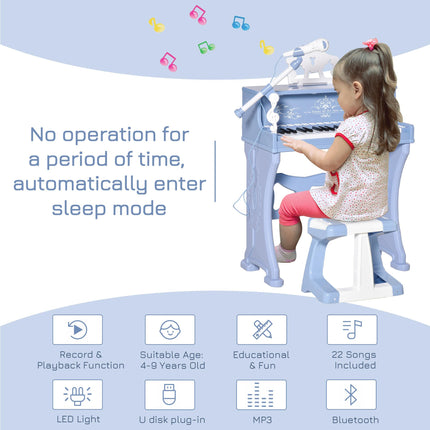 37 Keys Mini Electronic Keyboard with Stool & Microphone Educational Kids Piano Toy Set - Blue