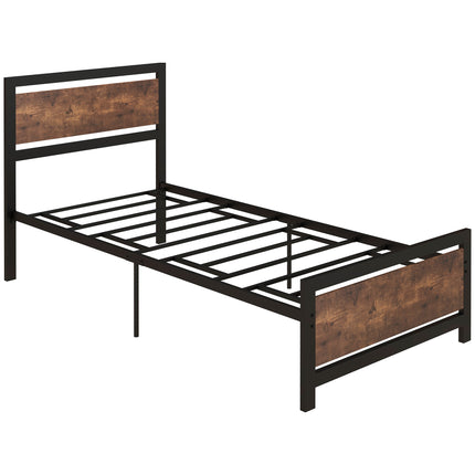 Single Industrial Metal Bed Frame with Rustic Wooden Headboard - Black
