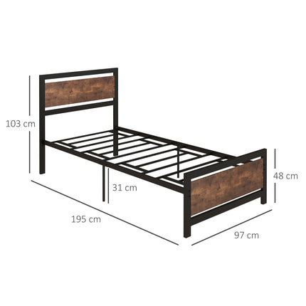 Single Industrial Metal Bed Frame with Rustic Wooden Headboard - Black