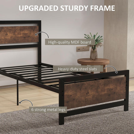 Single Industrial Metal Bed Frame with Rustic Wooden Headboard - Black