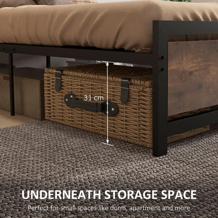 Single Industrial Metal Bed Frame with Rustic Wooden Headboard - Black