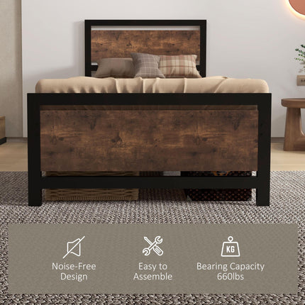 Single Industrial Metal Bed Frame with Rustic Wooden Headboard - Black