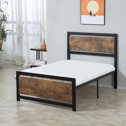 Single Industrial Metal Bed Frame with Rustic Wooden Headboard - Black