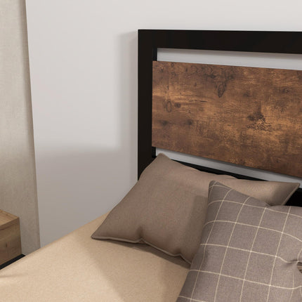 Single Industrial Metal Bed Frame with Rustic Wooden Headboard - Black