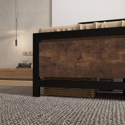 Single Industrial Metal Bed Frame with Rustic Wooden Headboard - Black