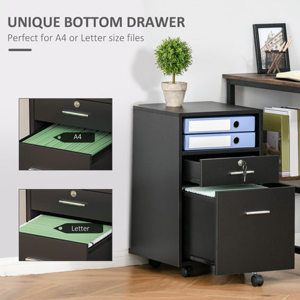 Mobile Lockable File Cabinet with Wheels and Storage Drawers 39.5x40x60cm - Black